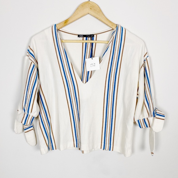 Zara Tops - Zara Striped Cotton Blouse Tie Sleeves Cropped